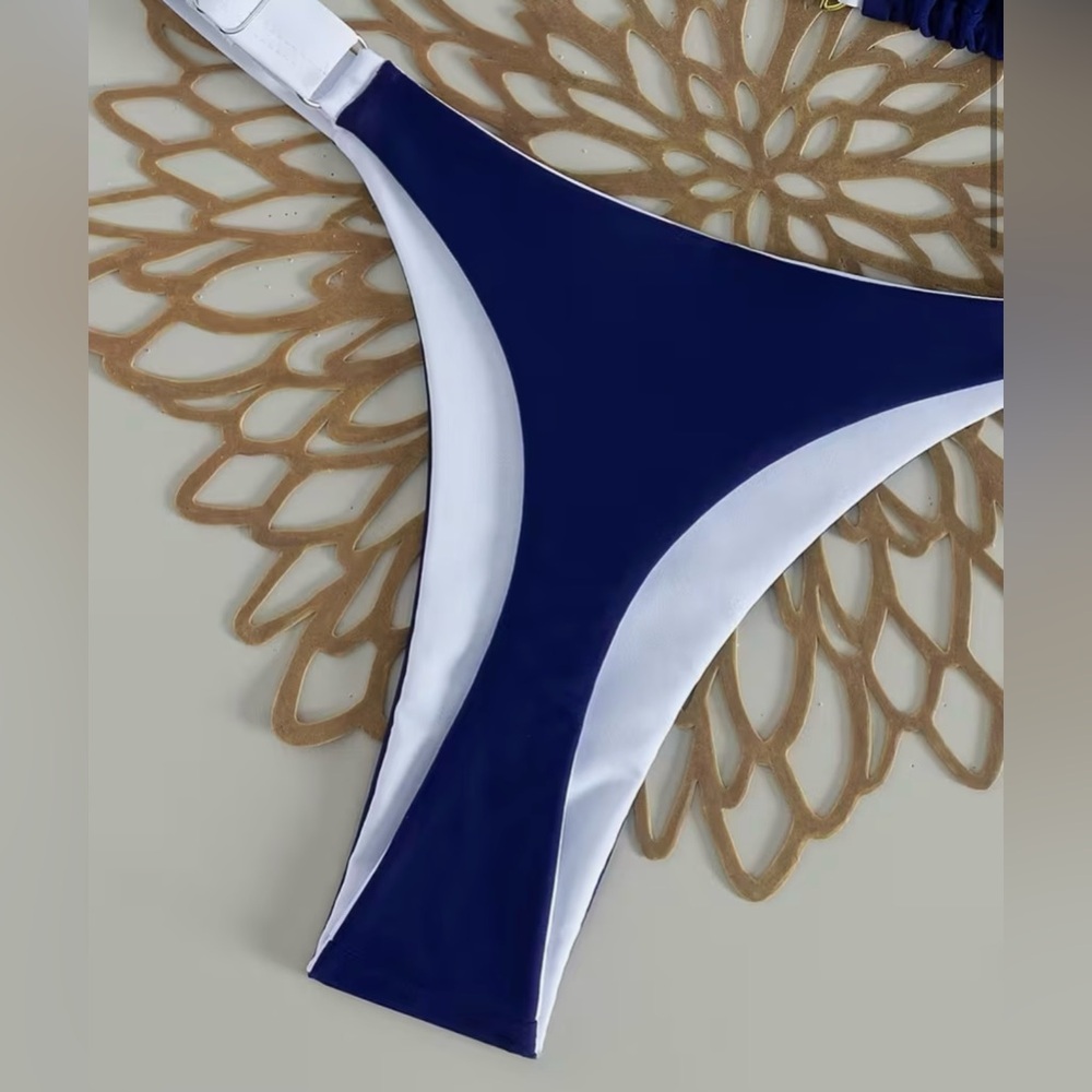 Chic Blue White Halter Thong Bikini Set - Picture 7 of 10